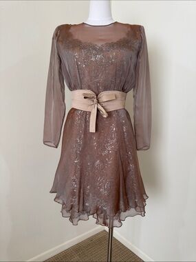 Liancarlo Couture Metallic Lace Silk Illusion Dress Brown Taupe Shimmer Mini